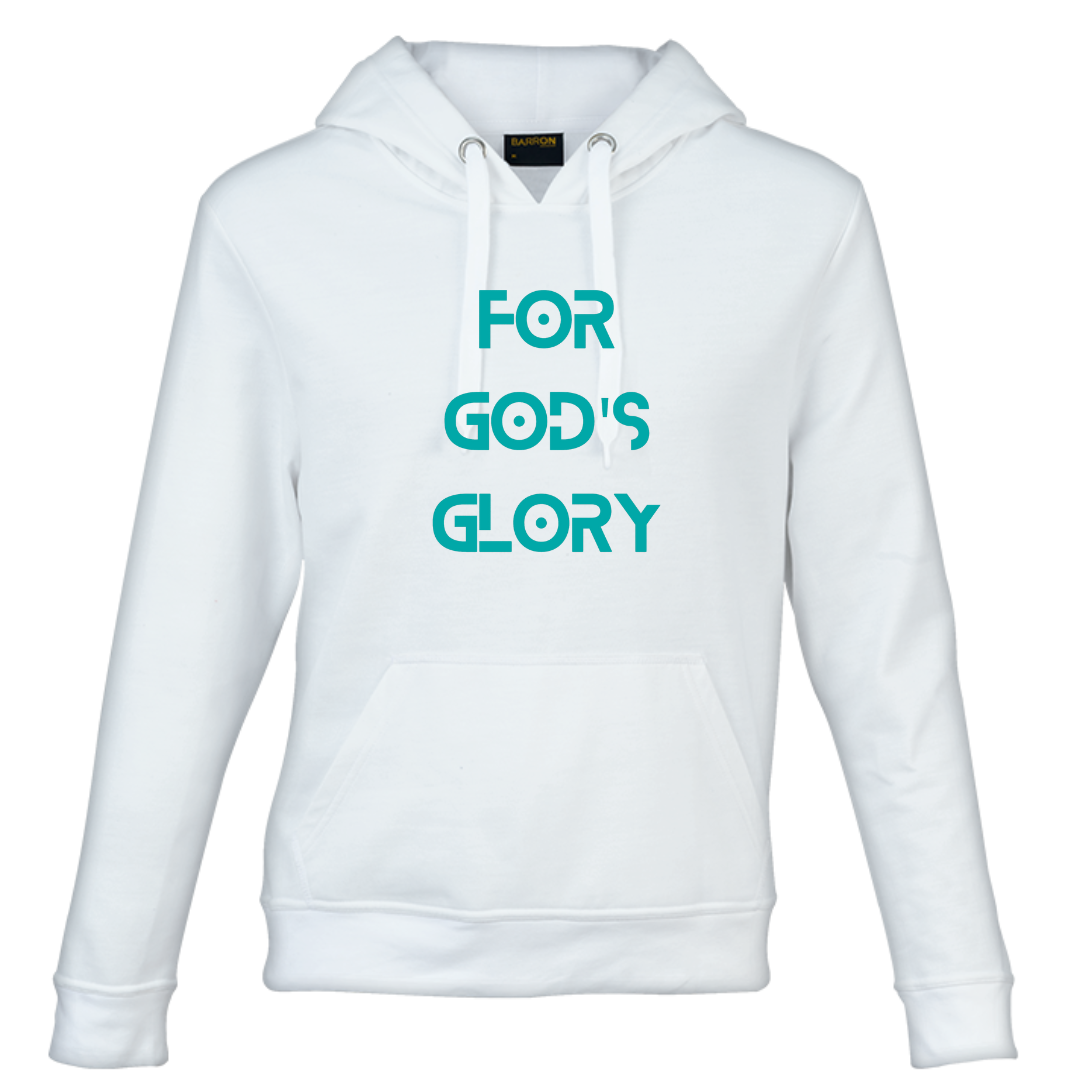 For God's Glory- Unisex Hooded Sweater- White with blue text