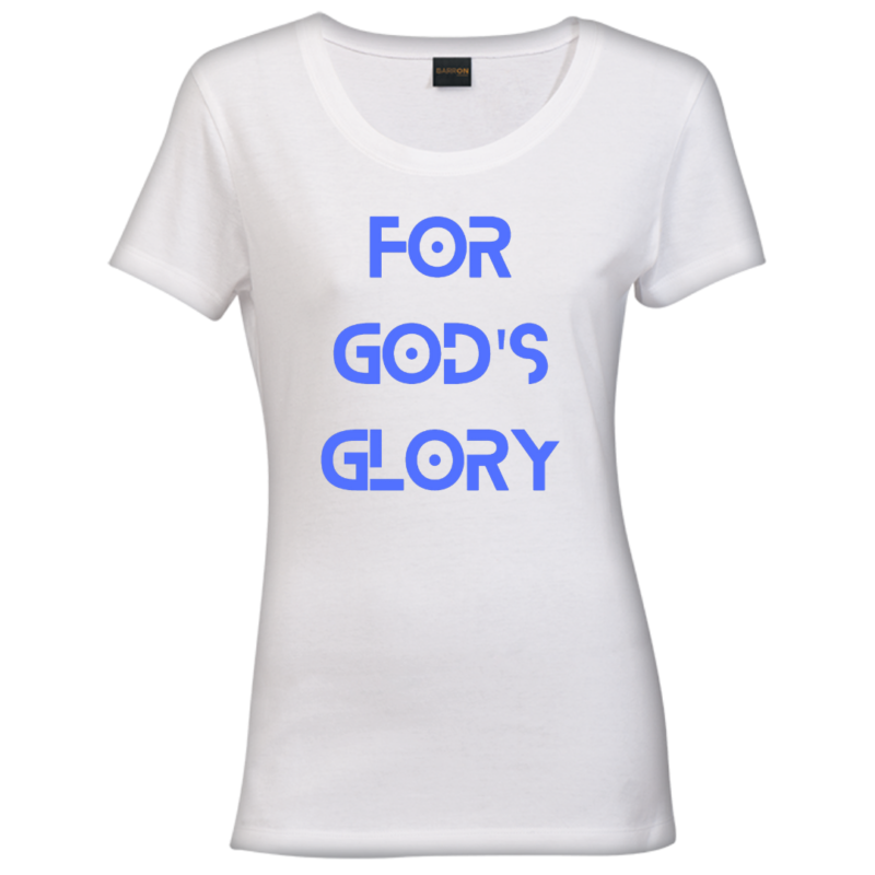 For God's Glory- Ladies Crew Neck-White with blue text